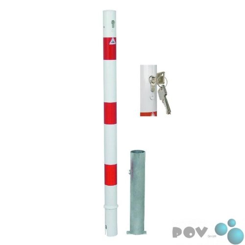 POV® Absperrpfosten aus Stahlrohr Ø 60 mm, herausnehmbar mit Einer Öse weiß mit roten Signalstreifen Profilzylinderschloss