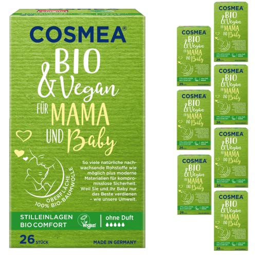 COSMEA BIO-STILLEINLAGEN, Vegan ohne Duft, Großpackung (8x26 Stück) Einwegeinlagen für stillende Mütter, aus 100% Bio-Baumwolle