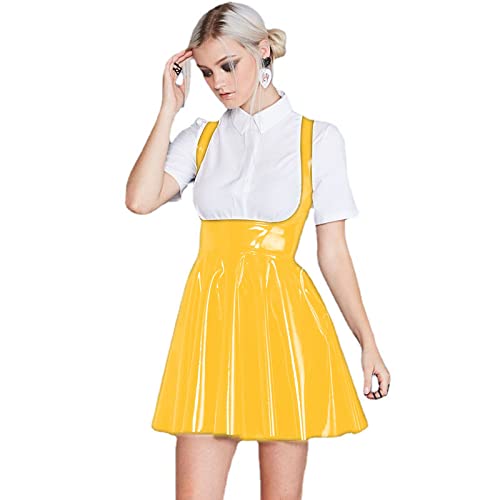 Shiny PVC Leather Lady Bodycon Pleated Dress Women,Yellow,4XL