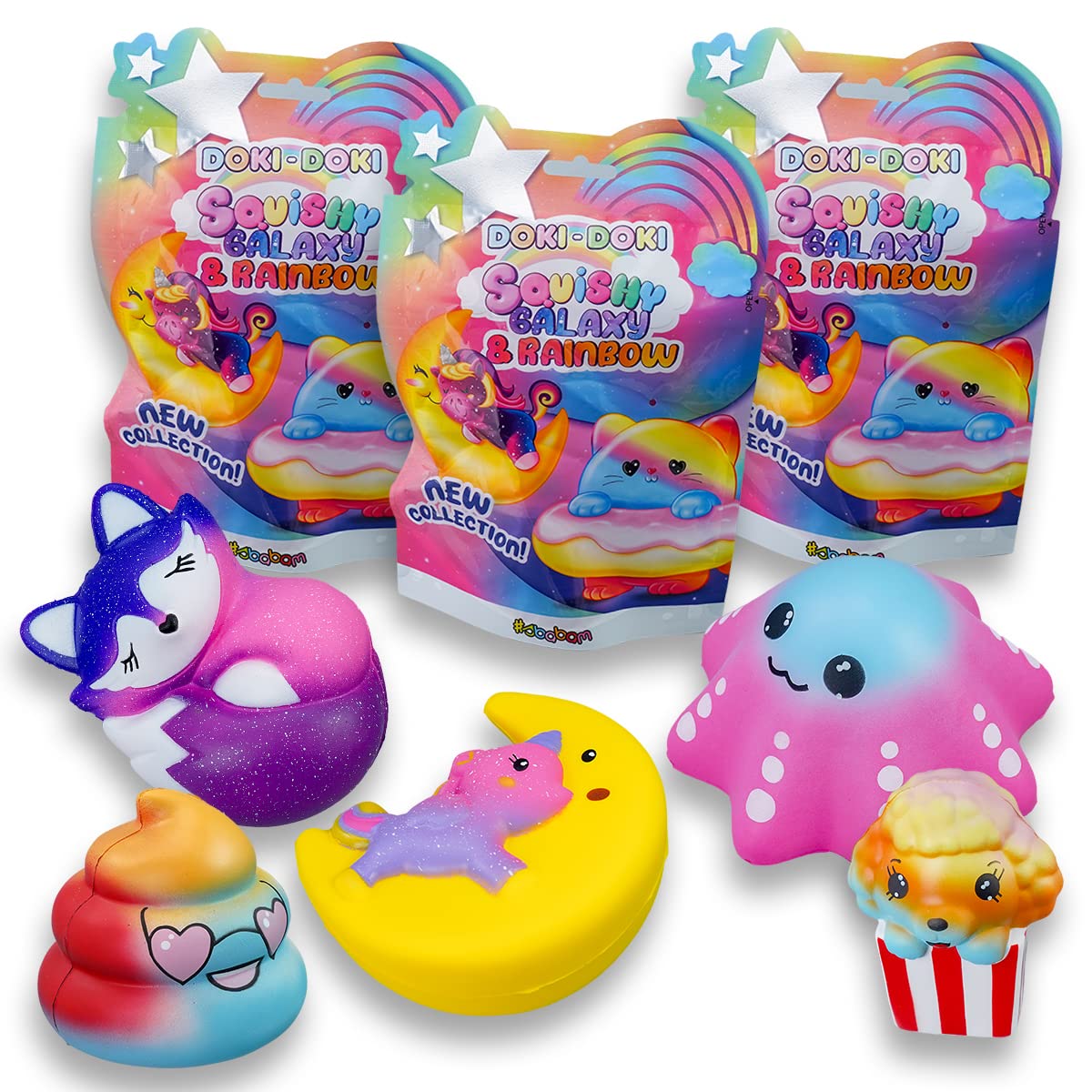 Sbabam Doki Doki Squishy Galaxy and Rainbow, Spielzeug ab 3 Jahre für Kinder, 3er-Pack, Weiches und Farbenfrohes Squishy Spielzeug als Baby Geschenk - Tiere Figuren wie Einhorn, Fuchs und Andere