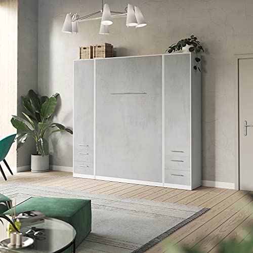 SMARTBett Wohnwand Set mit Schrankbett Standard 140x200 Vertikal + 2 x 50-Schränke Weiß/Beton