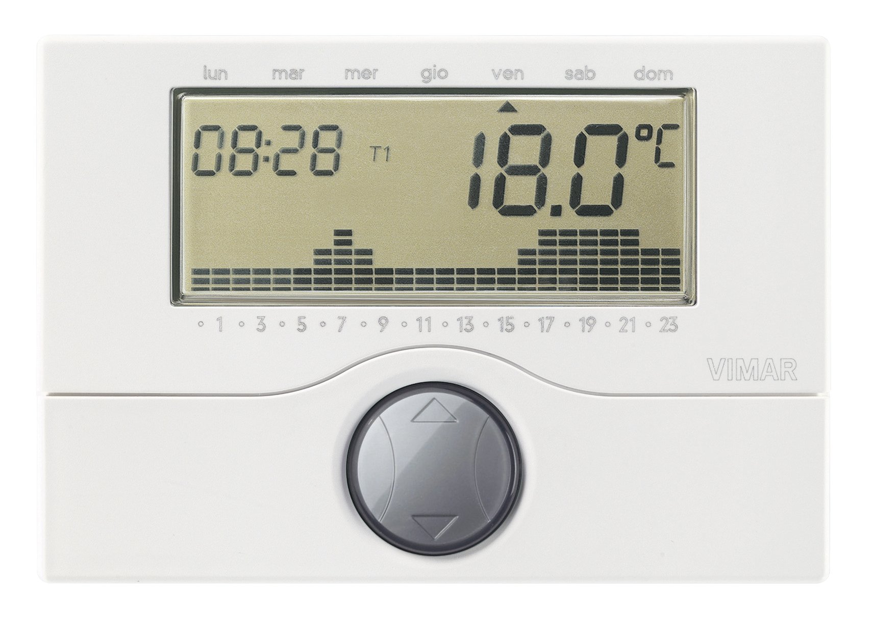 Vimar 01910 Elektronischer Uhrenthermostat für die ON/OFF-Raumtemperaturregelung (Heizung und Klimaanlage), Tages/Wochenprogrammierung, Stromversorgung über Akkus AA LR6 1,5 V (nicht mitgeliefert)