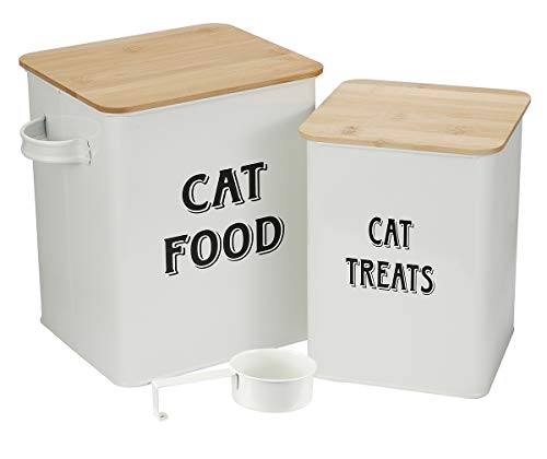 Pethiy Katzenfutter und Katzenleckerlis Behälter,Futtertonne mit Schaufel und Holzdeckel,beschichteter Kohlenstoffstahl,Aufbewahrungsbehälter Dosen,vorratsbehälter für Katzenfutter-Weiß