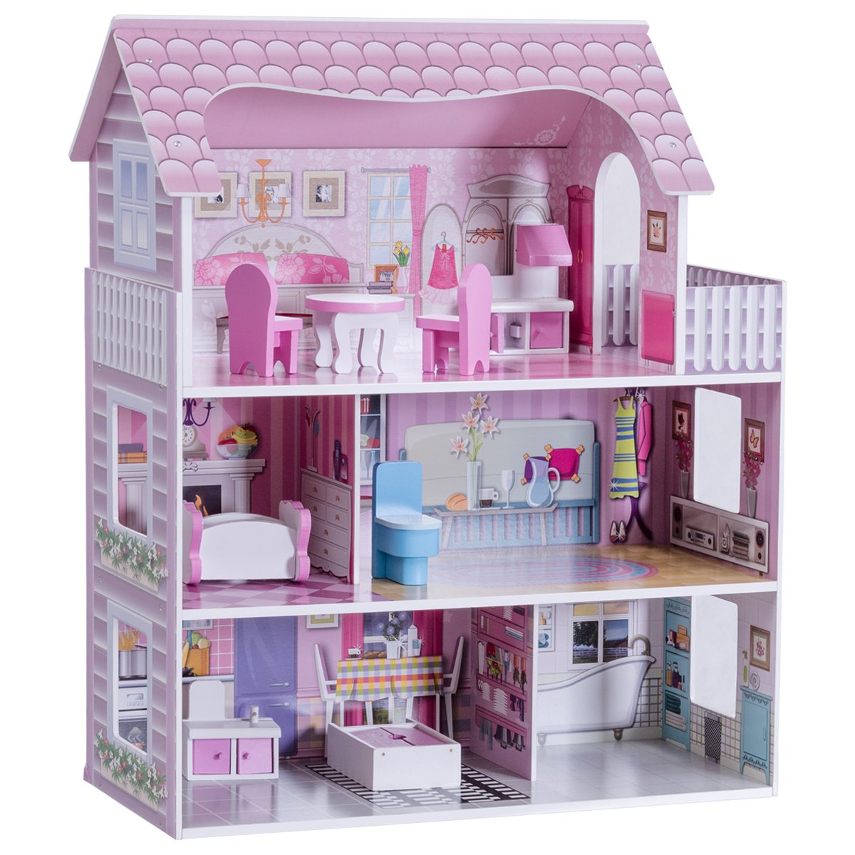 DREAMADE Puppenhaus Holz, Holzpuppenhaus mit Zubehör und Möbel, Dollhouse Puppenhaus Puppen für Kinder (Modell 1)
