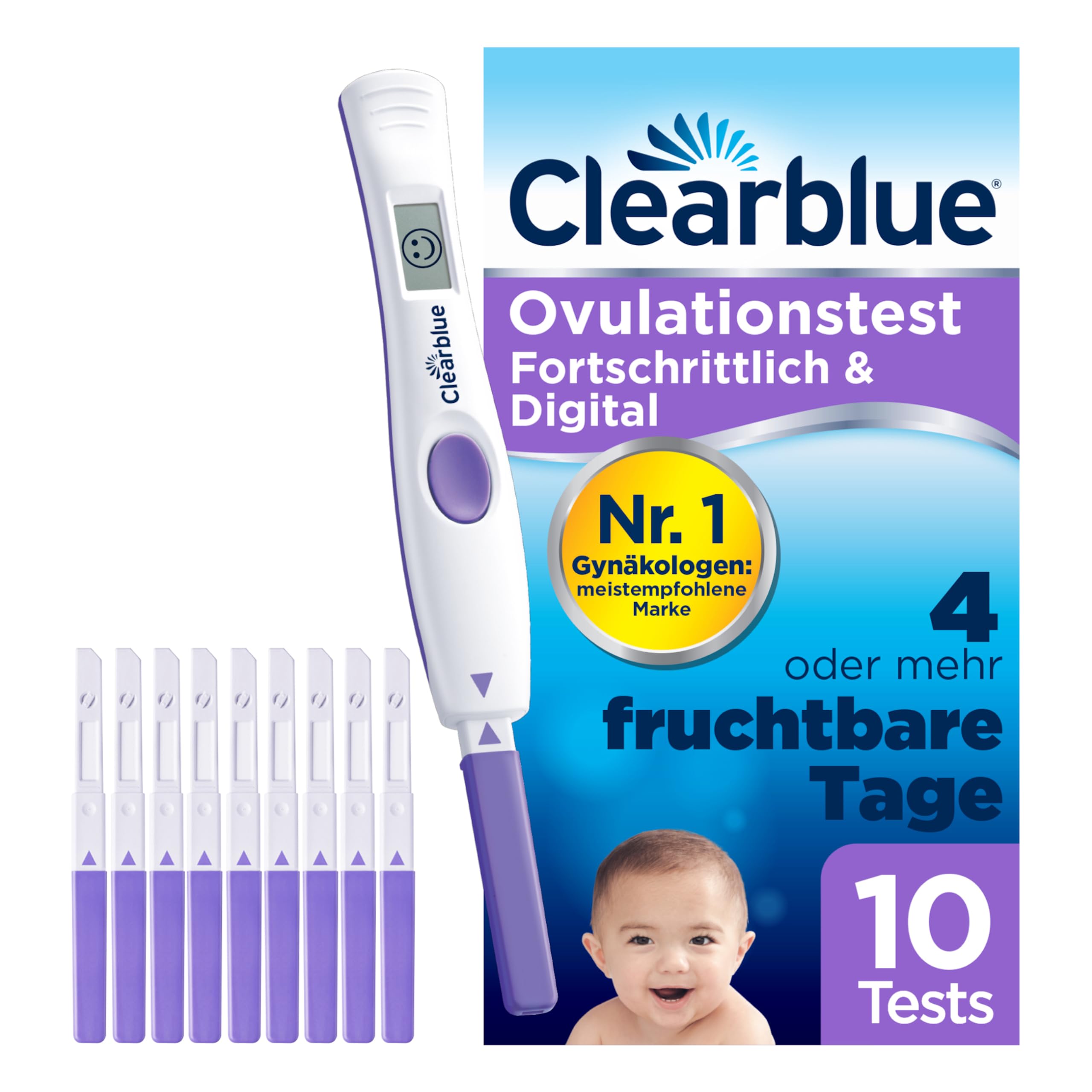 Clearblue Kinderwunsch Ovulationstest Kit, 10 Tests + 1 digitale Testhalterung, Fruchtbarkeitstest für Frauen / Eisprung, Fortschrittlich & Digital (testet 2 Hormone), schneller schwanger werden