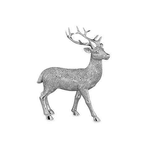 Kleine stehende Kunststein Deko Hirsch Figur - silbern glänzende Jagtfigur mit Geweih - Silberglanz Weihnachts-Deko zum Hinstellen Höhe 20 cm