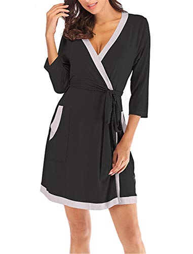 Morgenmantel Pyjama Damen Schlafanzug Saunamantel Baumwolle Kimono Sleepwear Mit Tiefer V-Ausschnitt Schwarz M