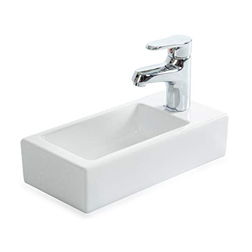 STILFORM Gäste WC Waschbecken aus feinster Keramik in Brillant Weiß für Wandmontage oder als Aufsatzwaschbecken mit Hahnloch 370 x 185 x 90 mm (Hahnloch Rechts)