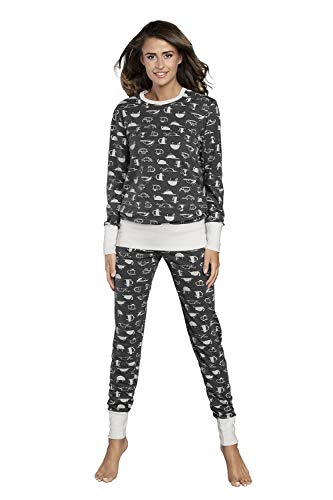 Damen Schlafanzug lang Pyjama Set | Nachtwäsche Hausanzug Langearm Rund Ausschnitt Zweiteiliger Sleepwear M007 (XL, Graphit)