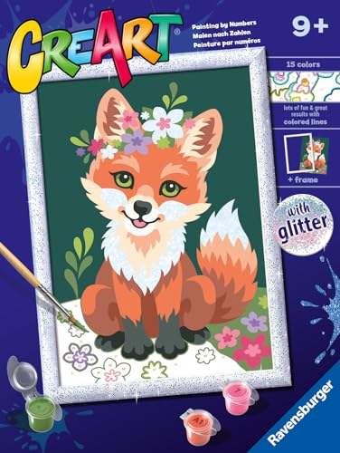 Ravensburger - CreArt D Serie Classic: Fuchs mit Blumen, Malset nach Zahlen, enthält ein vorgedrucktes Brett, einen Pinsel, Farben und Zubehör, kreatives Spiel für Jungen und Mädchen 9+ Jahre