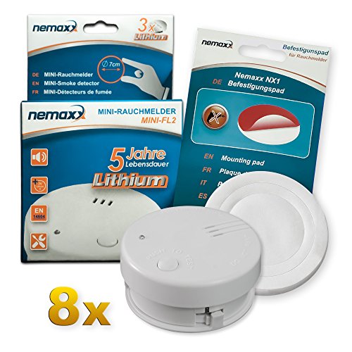 8X Nemaxx Mini-FL2 Rauchmelder - hochwertiger & diskreter Mini Brandmelder Feuermelder Rauchwarnmelder mit Lithium Batterie - nach DIN EN 14604 + Nemaxx NX1 Quickfix Befestigungspad