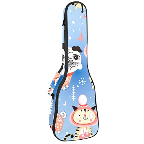 Ukulelen-Tasche mit niedlichen Cartoon-Tiermotiven, Mops mit Katzen, Ukulelen-Gigbag mit verstellbaren Riemen, Ukulelen-Abdeckung, Rucksack
