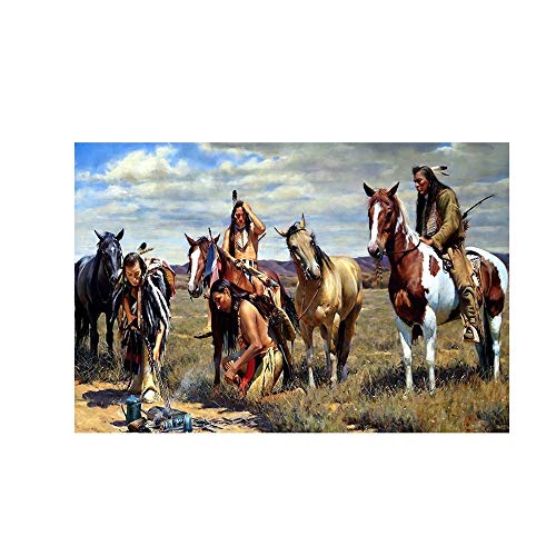 Leinwandbild, Motiv: Indianer, für den Alltag, Motiv: Grasland-Pferd, Wandbild, Kunstdrucke für Heimdekoration (50 x 70 cm (gerahmt)
