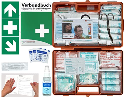 Verbandskoffer/Verbandskasten (G) Typ C -Paket 1- Erste Hilfe nach DIN 13169 für Betriebe -DSGVO- INKL. PERFORIERTEM VERBANDBUCH + Hände-Antisept-Spray & Folienaufkleber