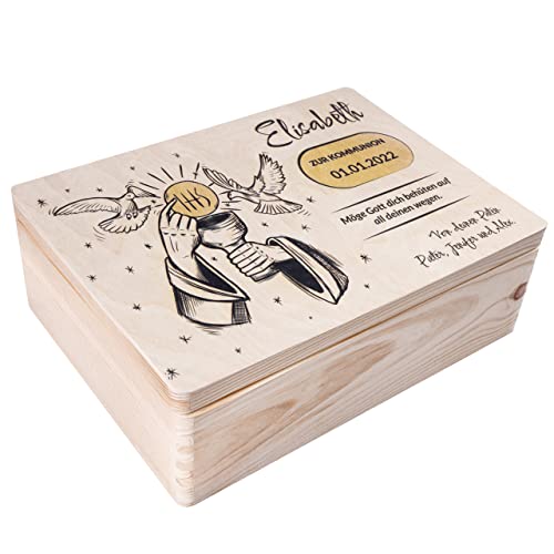 Creative Deco Personalisiert Holzkiste zur Kommunion Kelch und Taube Motiv | 40 x 30 x 14 cm (+/-1cm) | Erinnerungsbox | Geschenk Spielzeugkiste Holzbox mit Deckel Gravur | Groß Natur