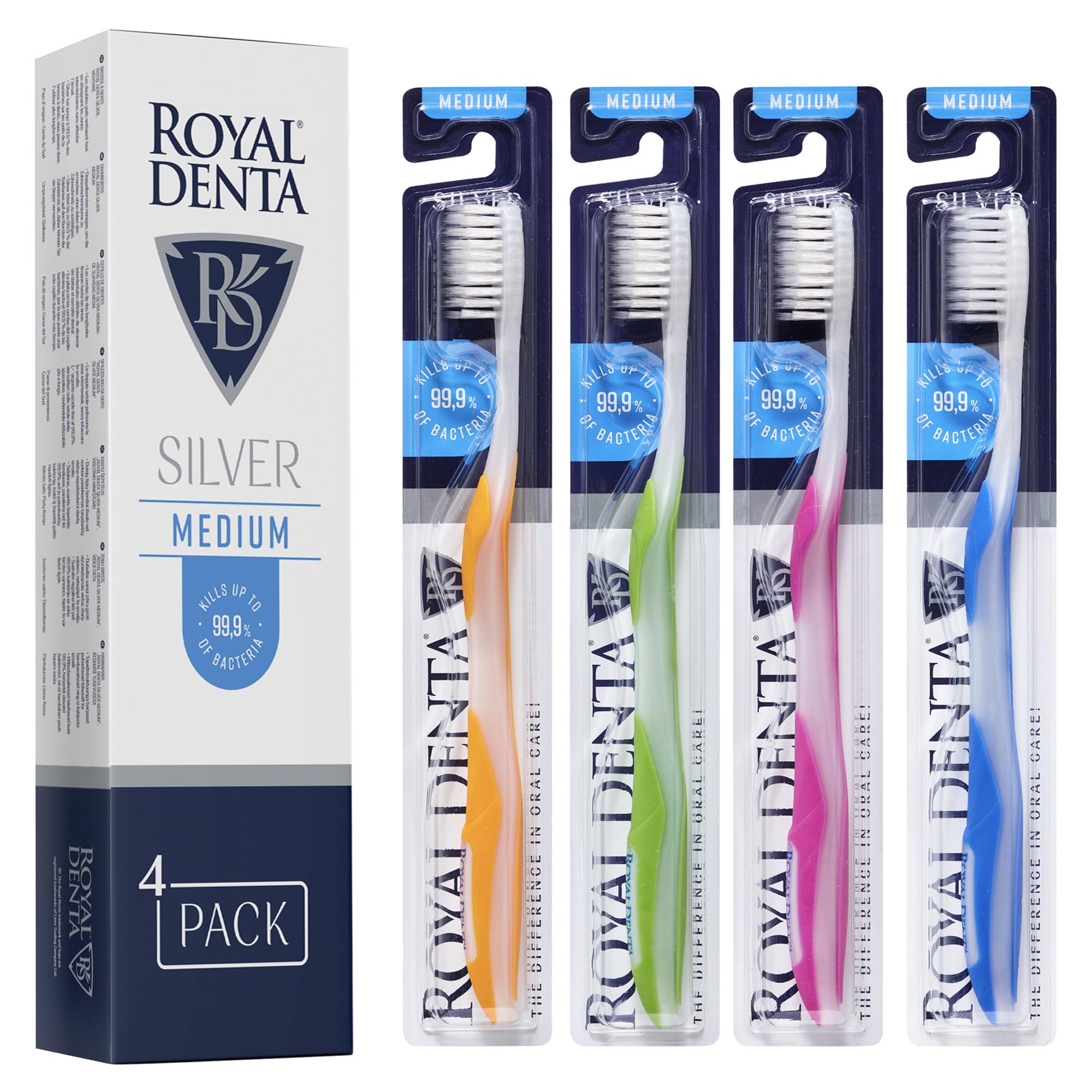 Royal Denta Silver Medium Zahnbürsten 4er-Pack - Doppellänge Borsten für Interdentalreinigung, Silberpartikel gegen Bakterien, Zahnsteinentfernung, Mittlere Stärke, Mehrfarbig