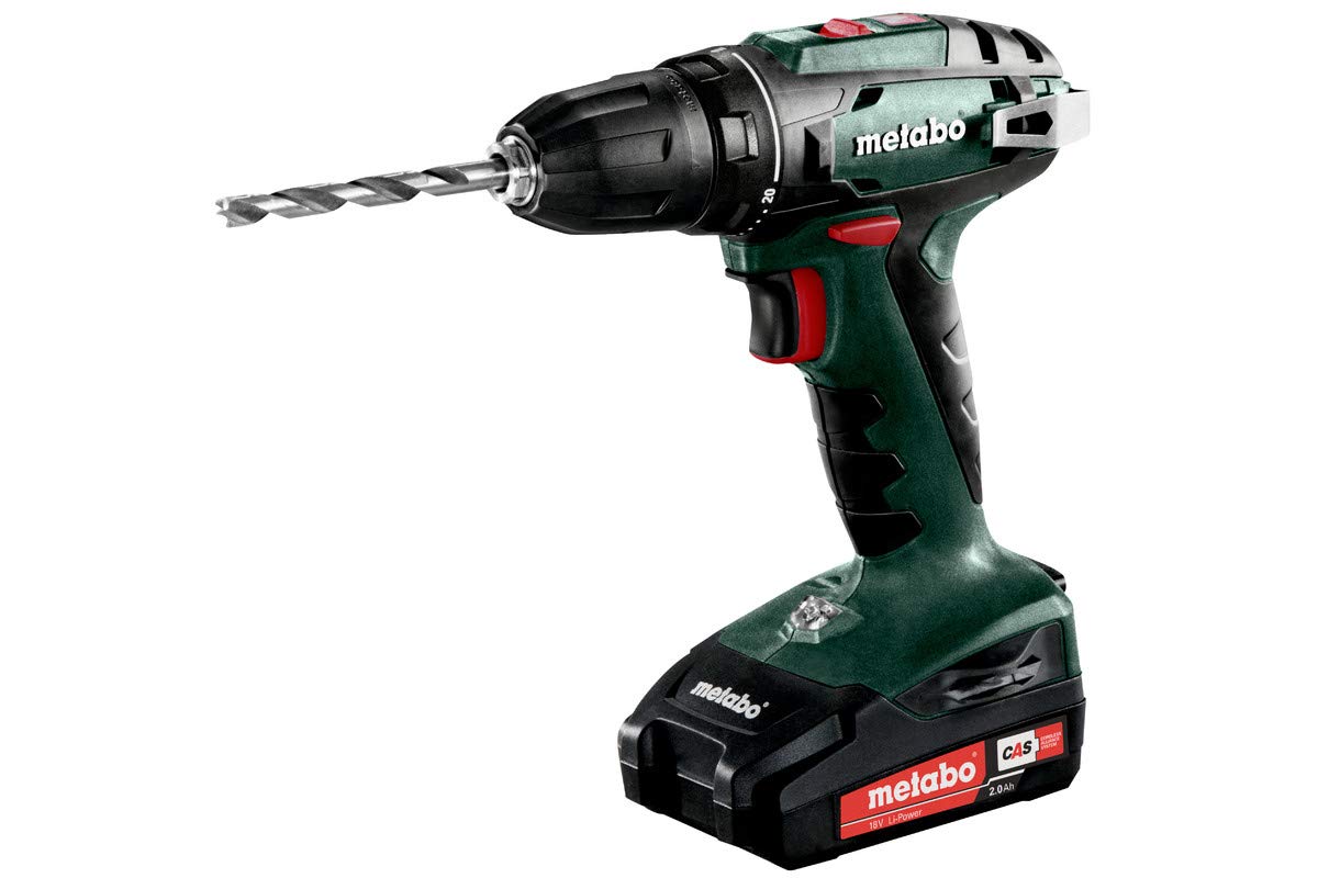 Metabo 161877 602207560 Akku-Bohrschrauber BS 18 18V, 2x 2Ah Li-Ion Akkus, inklu. Ladegerät, im Koffer, max. Drehmoment: 24Nm (weich)/ 48Nm (hart), Bohr-Ø: 10mm (Stahl)/ 20mm (Weichholz)