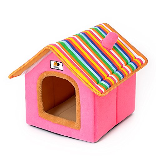 Lelesta Hundehütte für Katzen, Hundehütte, faltbar, abnehmbar, für Innenräume, mit abnehmbarem Kissen, Hundehütte mit Katzen, weiches Bett für kleine Hunde, 43 x 37 x 43 cm (Rosa)