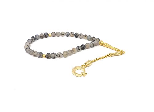 Remi Bijou Gebetskette - Tesbih 33 Perlen aus Achat grau mit Anhänger 'Mond mit Stern' - Gold Farbe