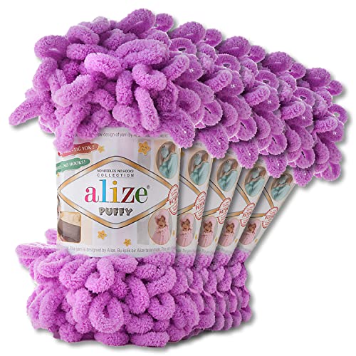 Alize 5 x 100 g Puffy Wolle Chenille Schlaufenwolle Häkeln und Stricken ohne Hilfsmittel Kleidung Accesoire Decken Teppiche (378 | Orchidee)