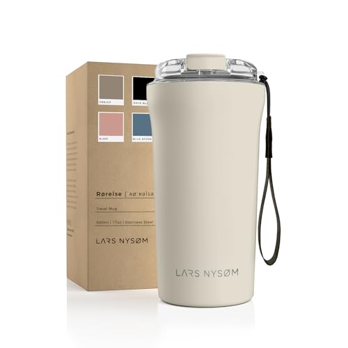 LARS NYSØM Thermo Kaffeebecher-to-go mit Trageschlaufe & Tritan Deckel | BPA-freier Travel Mug 0,5 Liter mit Isolierung | Auslaufsicherer Edelstahl Thermobecher für Café & Tee (Buttercream, 500ml)