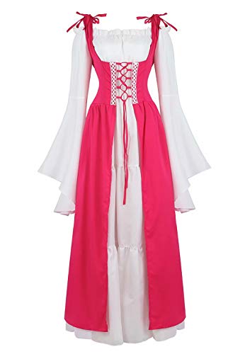Mittelalter Kleidung Damen Kleid renaissance mit Trompetenärmel Party Kostüm bodenlang Vintage Retro costume cosplay Rose rot L