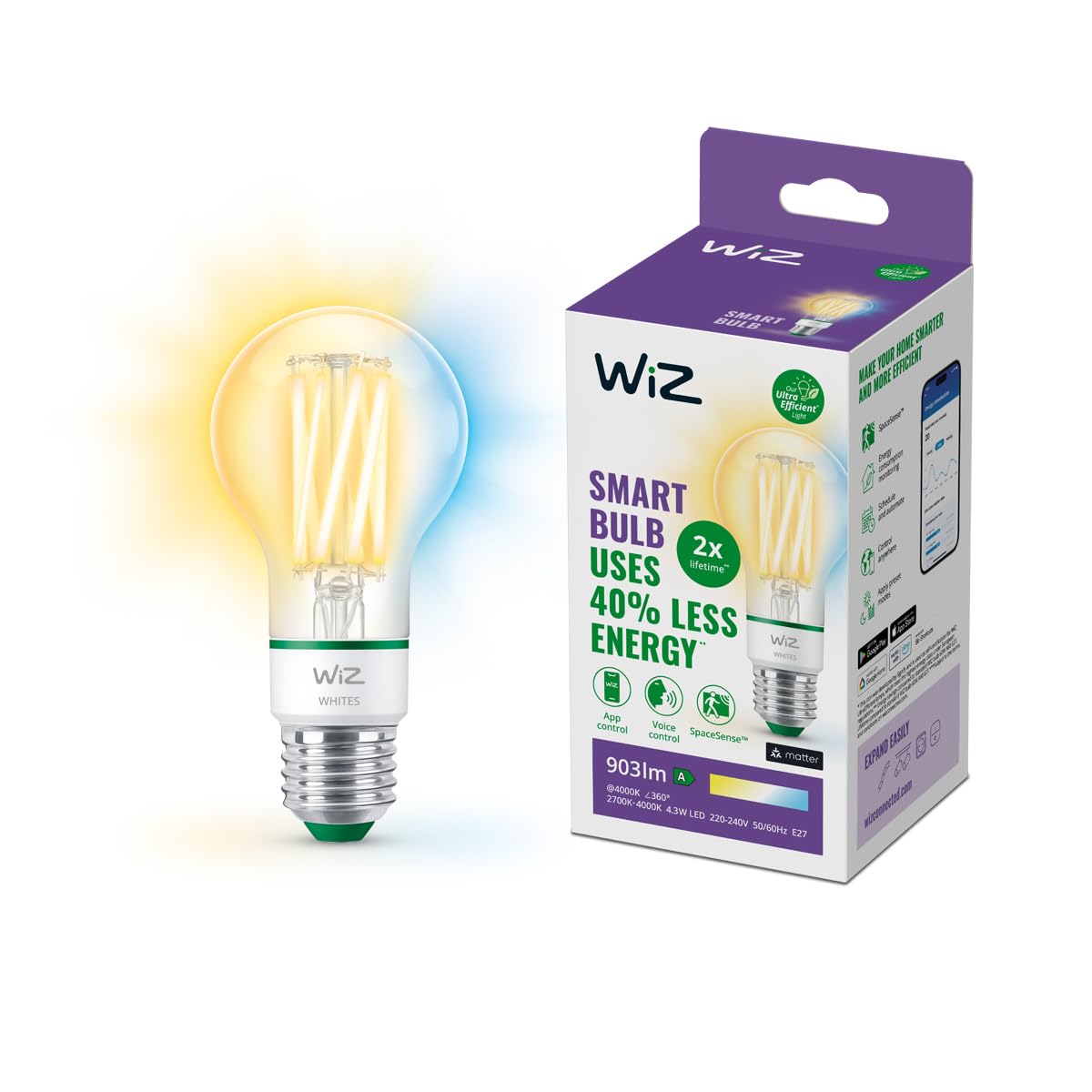 WiZ ultra effiziente smarte LED Lampe, E27, Energieeffizienzklasse A, energiesparend, Automatisierung und smarte Steuerung per App/Stimme über WLAN