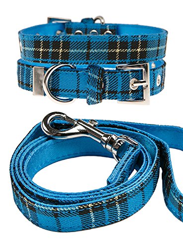 UrbanPup blau Tartan Stoff Halsband und Leine Set