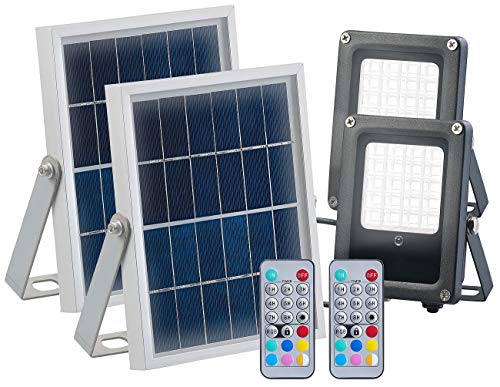 Luminea LED Solarfluter: 2er-Set Solar-LED-Fluter für außen, RGBW, 10 Watt, mit Fernbedienung (Solar Flutlicht mit Fernbedienung)