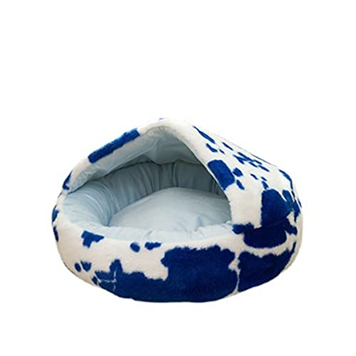 Rundes halbgeschlossenes warmes Komfort-Plüsch-Katzenbett mit Kapuze und rutschfester Unterseite, beruhigend, für Katzen und Hunde, Größe S, Blau gepunktet