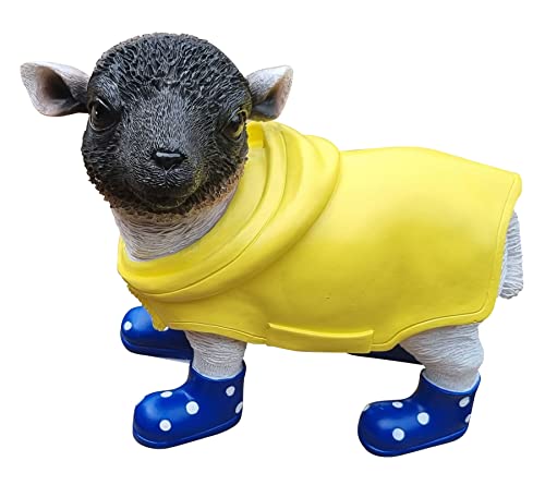 Deko-Figur Lamm mit Mantel und Blaue Gummistiefel lustige Tierfigur Schaf Gartendeko