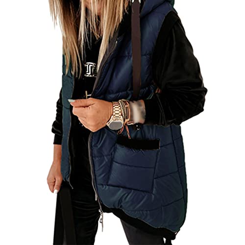 Bywenzai Weste Warme Damen Lange Weste Mit Kapuze Herbst Winter Taschen Lässige Damen Ärmellose Jacke Solide Schlanke Weste Für Damen XL Navyblau