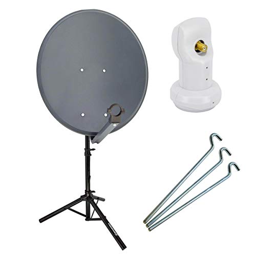 PremiumX Camping Satelliten-Komplettanlage 60cm Satellitenschüssel SAT Single LNB Dreibein Stativ 3X Stahl-Heringe