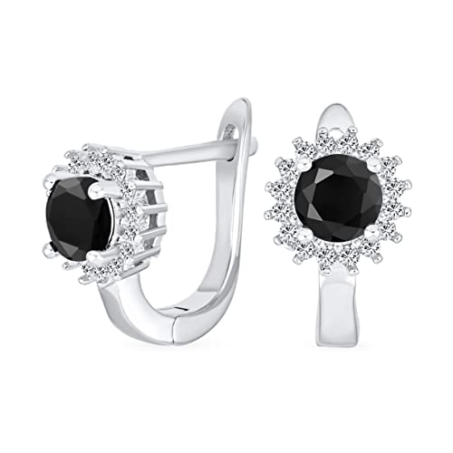 Klassische Vintage Stil Cocktail Hochzeitsfeier Kleine 1 CTW Simulierte Schwarz Onyx AAA CZ Kreis Halo Runde Solitär Ohrstecker Huggie OhrringeLatch Scharnier Zurück Scharnier Rückseite .925 Sterling