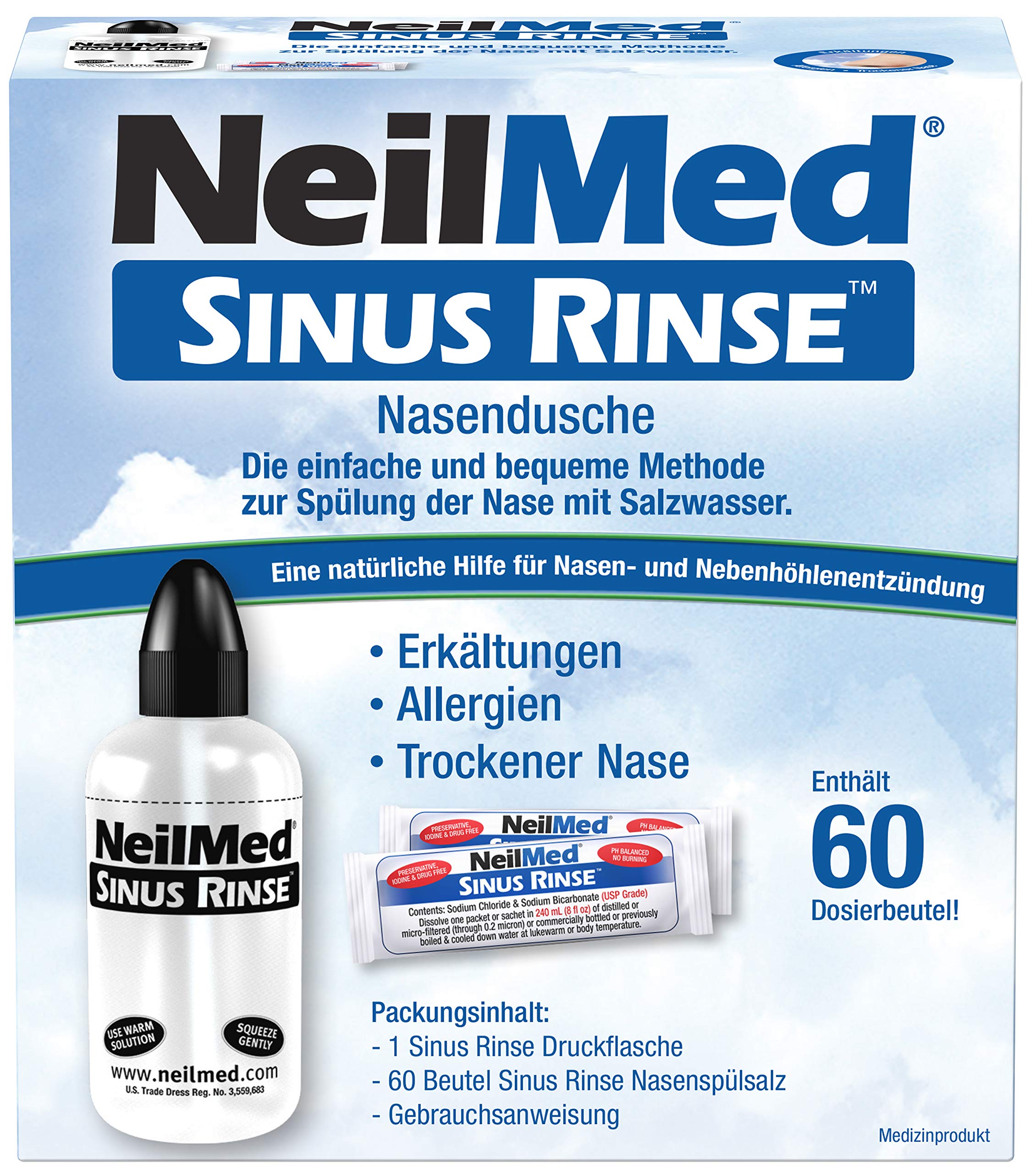 NeilMed Nasendusche hilft bei Erkältungen, verstopfter Nase und Allergien, sofort lieferbar mit 60 Portionen Salz