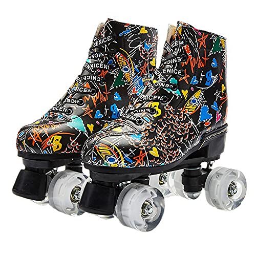 XVBVS Rollschuhe für Herren Damen, PU-Leder High-Top Rollschuhschuhe Zweireihige Roller Skates für Indoor Outdoor (45,Black Graffiti)