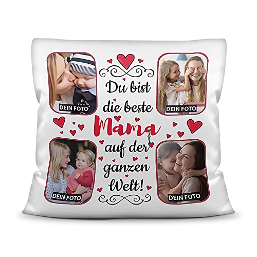 Print Royal Kissen mit Füllung zum selbst Gestalten mit 4 Fotos - Für die Beste Mama - Hochwertige Kissenhülle mit Reißverschluss, Weiß, 40 x 40 cm