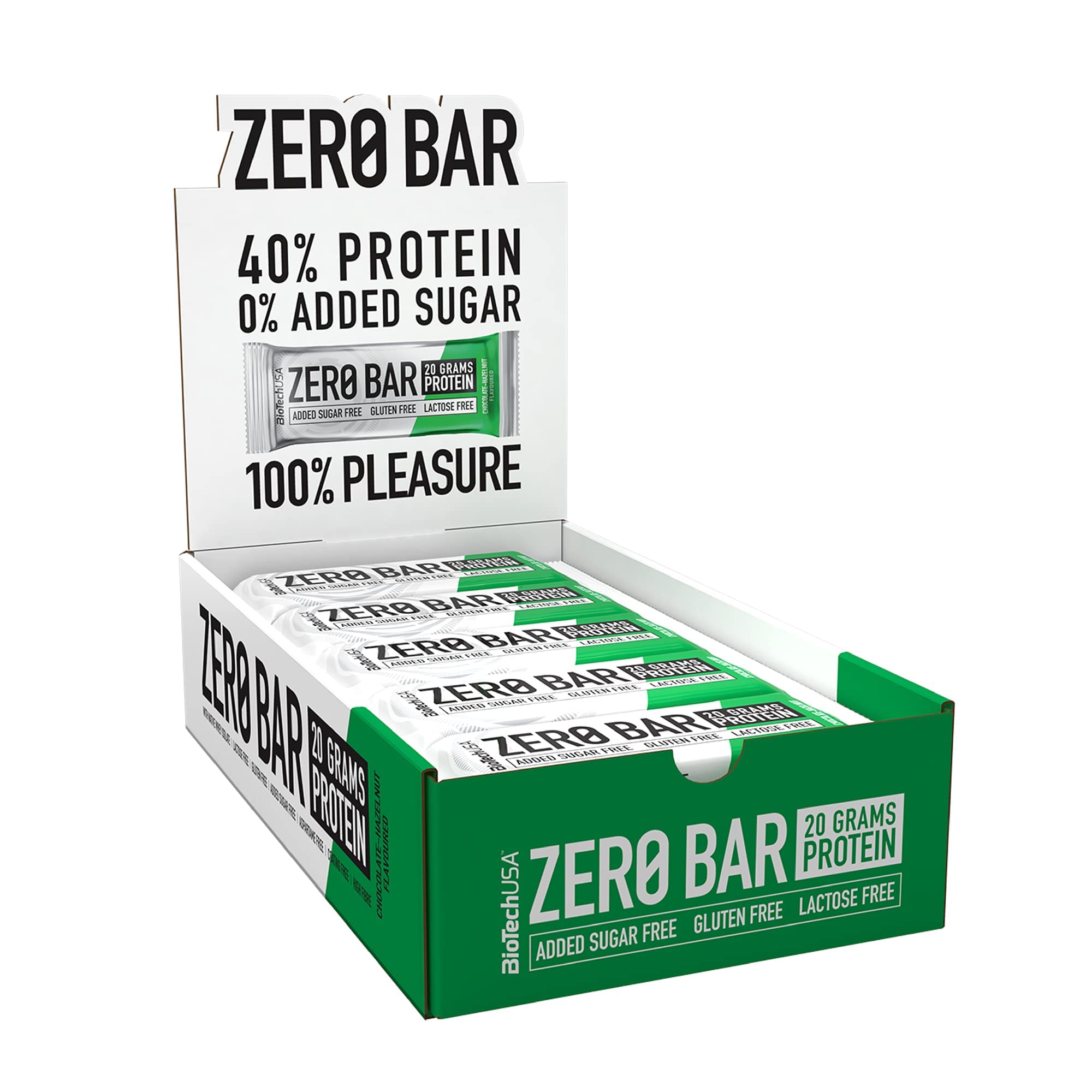 BioTechUSA Zero Bar Protein Snack - Zuckerarm & Laktosefrei | Knusprige Textur | Leckere Geschmacksrichtungen | Ideal für Diäten & Workouts, 20 * 50 g, Schokolade-Haselnuss