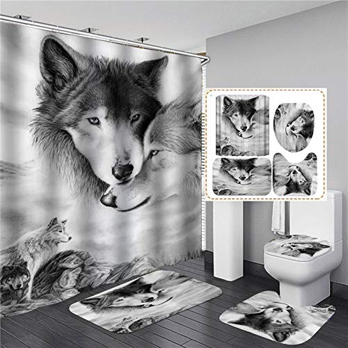 ZHEBEI Weißer Wolf bedruckter Duschvorhang-Set, wasserdicht, Badezimmer-Dekor mit rutschfestem WC-Deckelbezug, Flanell-Küchenmatte, Teppich und Fußabtreter