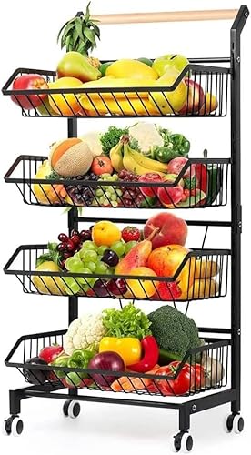 4-stufiger Obst- und Gemüse-Aufbewahrungskorb, Rollwagen mit Griff und Rädern, schwarzer Kücheninseltisch