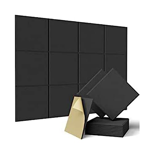 Lckiioy 12 quadratische Akustikplatten, 30,5 x 30,5 x 1,1 cm, hochdichte Akustikplatten, schalldichte Schaumstoffplatten, schalldicht, isoliert, abgeschrägte Kanten, Schwarz