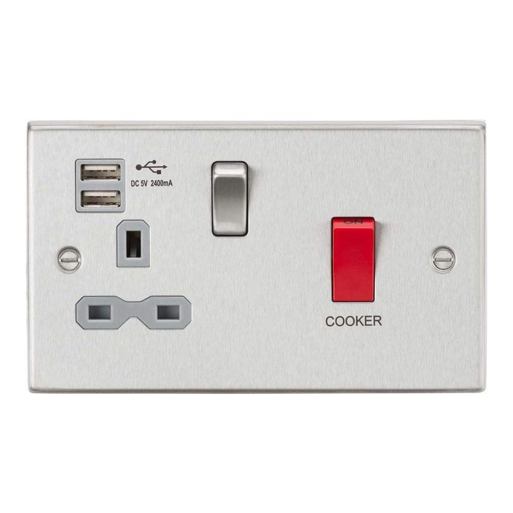 Knightsbridge CS8333UBCG Schalter und Schaltersteckdose mit 2,4 A Dual-USB-Ladegerät, 45 A / 13 A, DP, gebürstetes Chrom mit grauem Einsatz