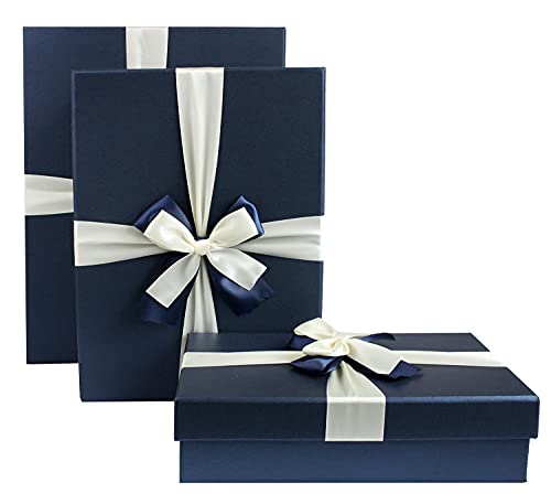 Emartbuy Set von 3 Starre Geschenkbox, Blaue Box mit Deckel und Creme Blau Band