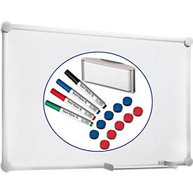 Whiteboard 2000 MAULpro, weiß kunststoffbeschichtet, magnethaftend, Rahmen silber, B 1200 x H 900 mm + 15-teiliges Zubehör-Set