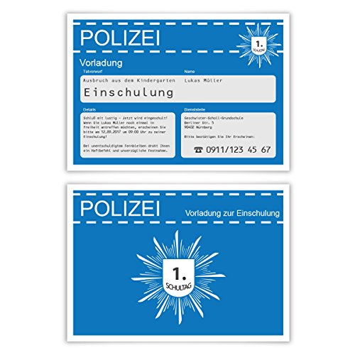 Einschulung Einladungskarten (20 Stück) erster 1. Schultag Einschulungskarten - Polizei Vorladung in Blau