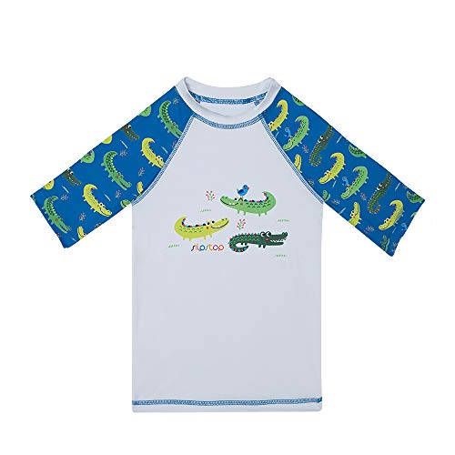 Kurzarm UV Shirt Badeshirt für Kinder - LSF50+ Schwimmshirt Rashguard Schnelltrocknendes Unisex blau mit lustigen Krokodilen, Gr. 116-122