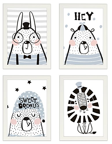 PICSonPAPER Kinder Poster 4er-Set Tiere, gerahmt DIN A4 Hochformat, Dekoration fürs Kinderzimmer im skandinavischen Stil, Poster mit Rahmen (Mit IKEA FISKBO Weiss)