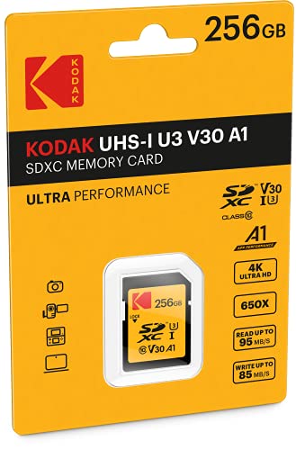 Kodak SD-Karte 256 GB UHS-I U3 V30 SDHC/XC – Speicherkarte – Lesegeschwindigkeit bis zu 95 MB/s – Schreibgeschwindigkeit max. 85 MB/s – Speicherung von 4K Ultra HD Video und HD Fotos – SD Card