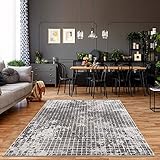 carpet city Teppich Wohnzimmer - Karo-Muster 80x150 cm Grau Meliert - Moderne Teppiche Kurzflor