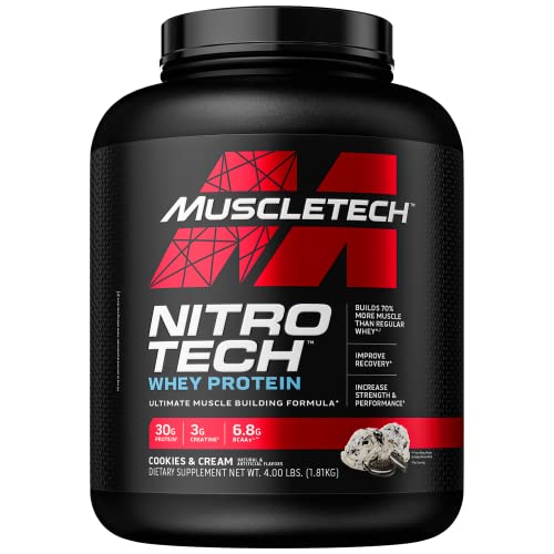 Whey Protein Pulver, MuscleTech Nitro-Tech Whey Protein Isolate & Peptides, Eiweißpulver für den Muskelaufbau, Proteinpulver für Männer und Frauen, Cookies and Cream, 1.81 kg (40 Portionen)